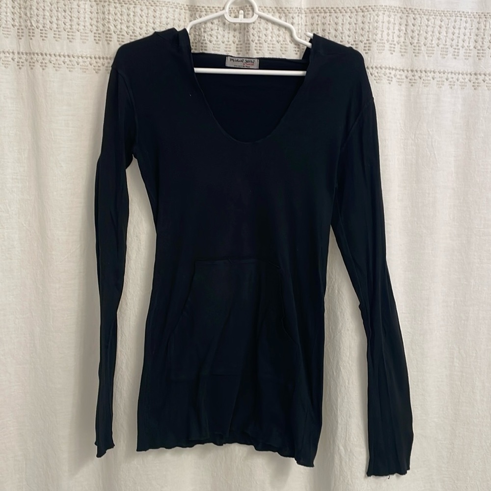 Michael Stars Hooded 2 Pocket Long Sleeve Shirt - One Size Fits Most - Black